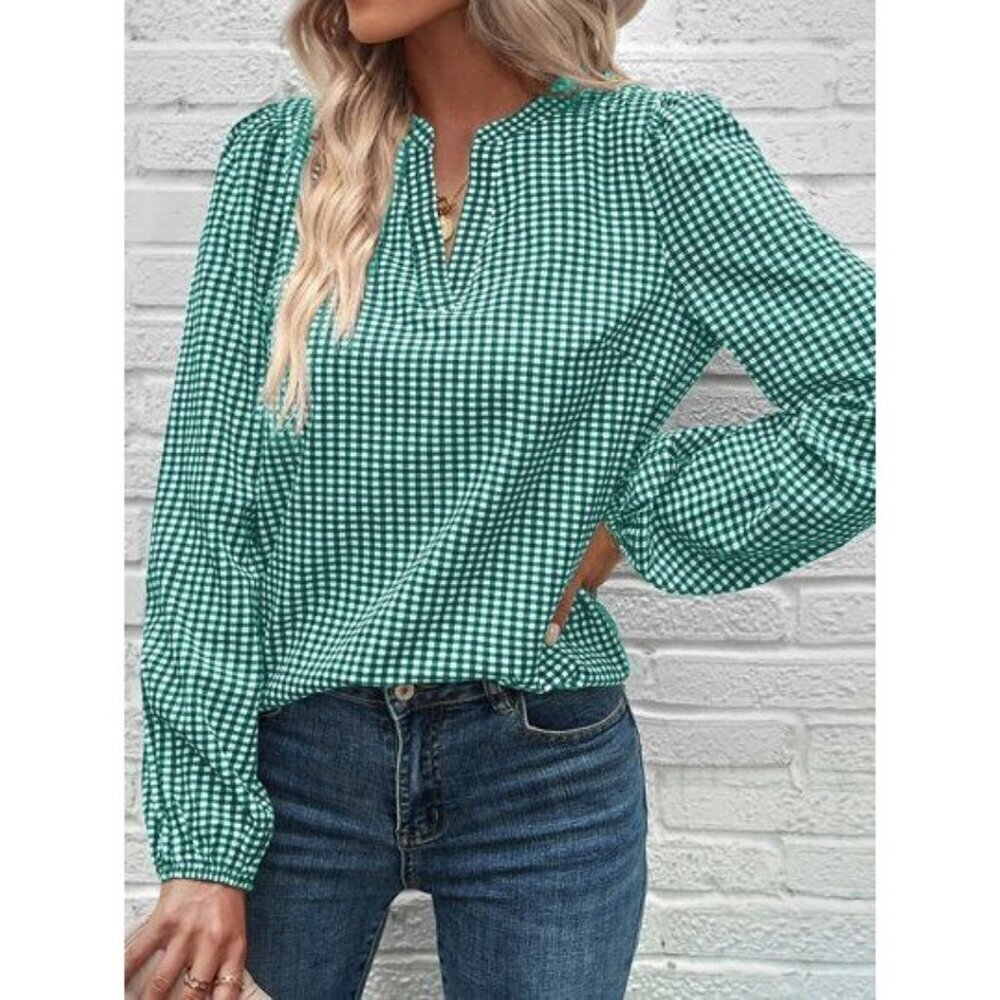 Green Gingham Check Split Neck Bishops Sleeve Blouse XL